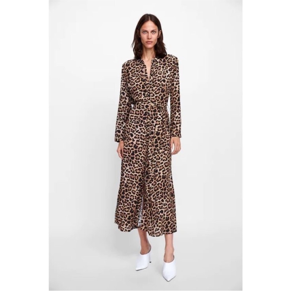 Zara Leopard Long Sleeve Shirt Dress L